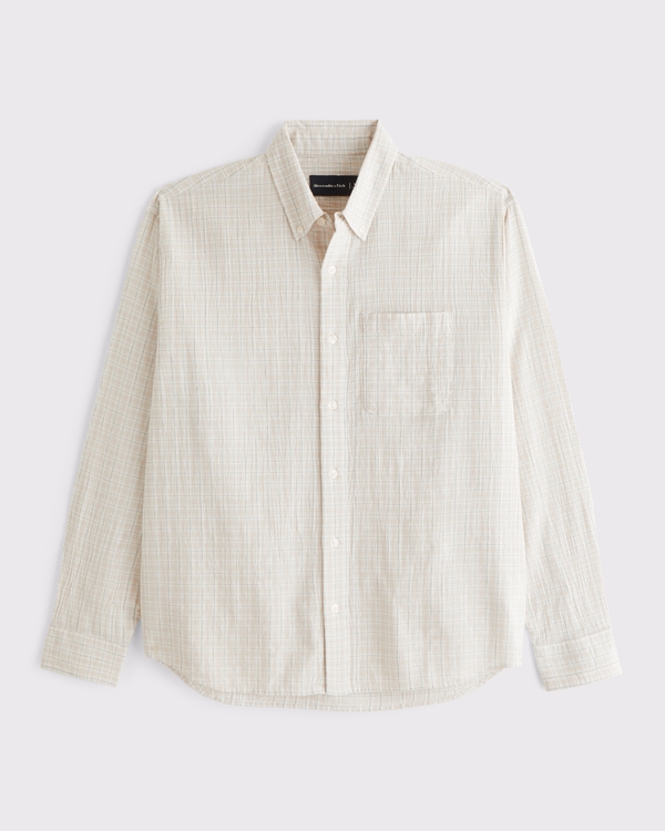 Men's Long-Sleeve Textural Plaid Button-Up Shirt | Men's Clearance