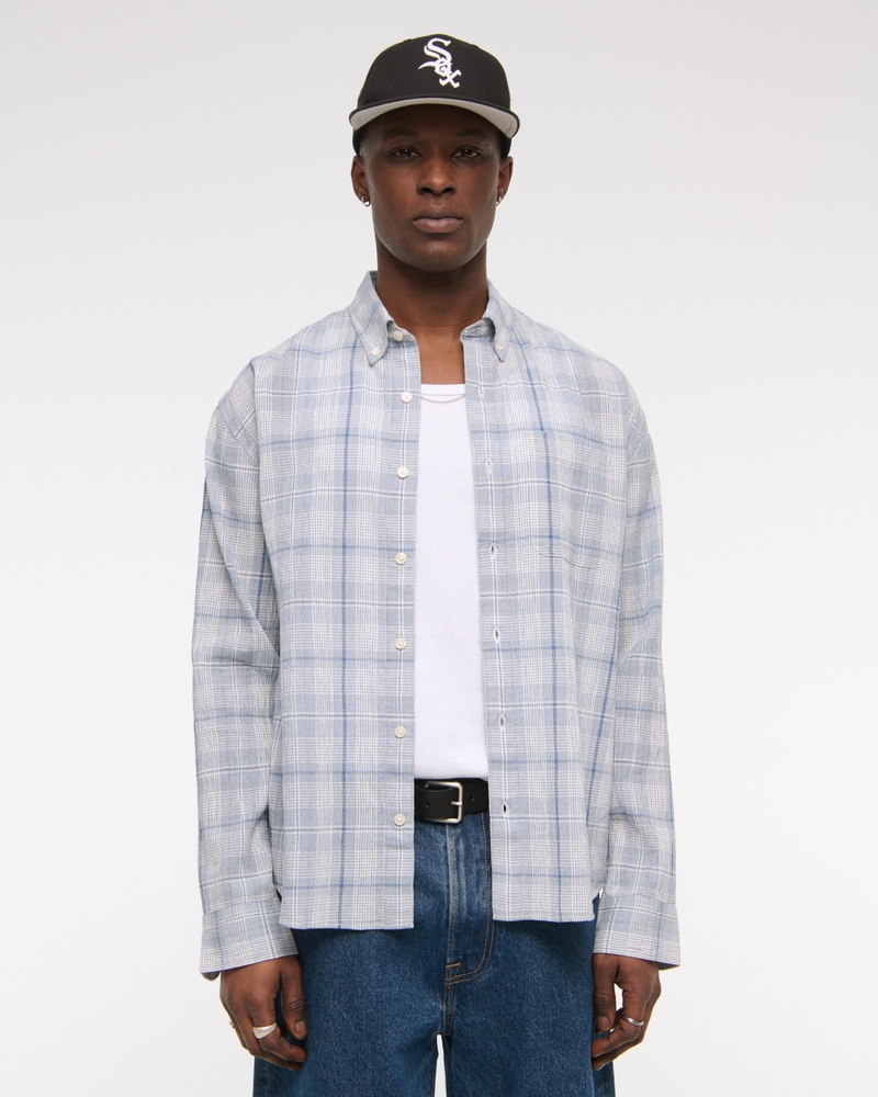 Long-Sleeve Textural Plaid Button-Up Shirt