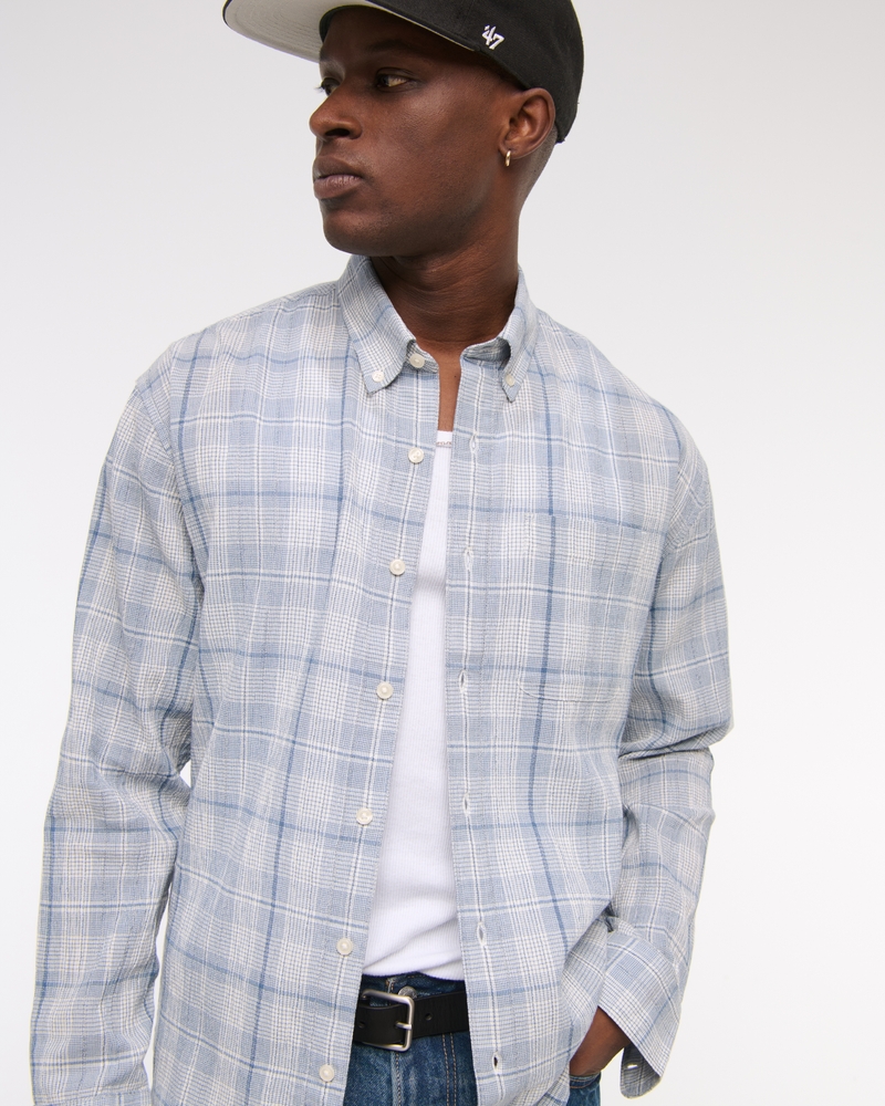 Long-Sleeve Textural Plaid Button-Up Shirt