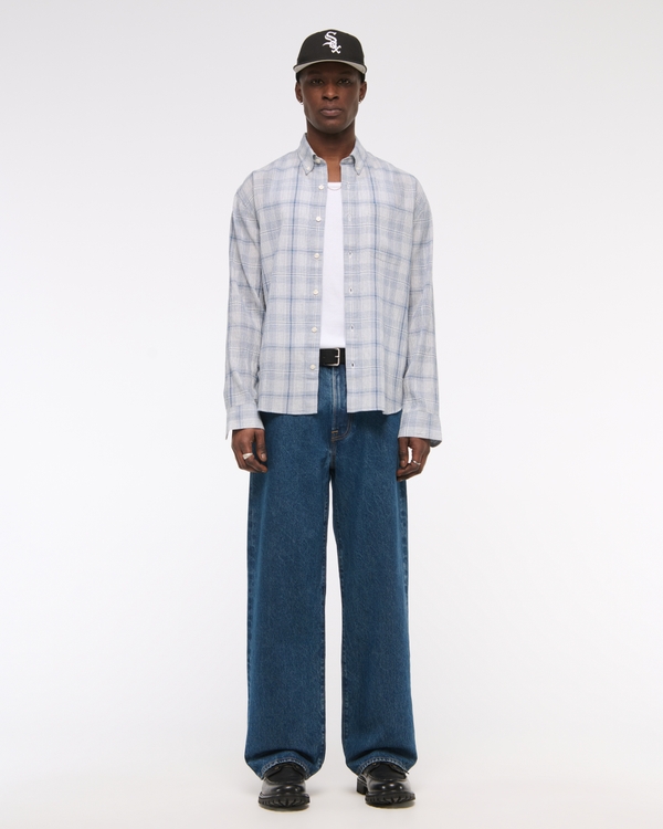 Long-Sleeve Textural Plaid Button-Up Shirt