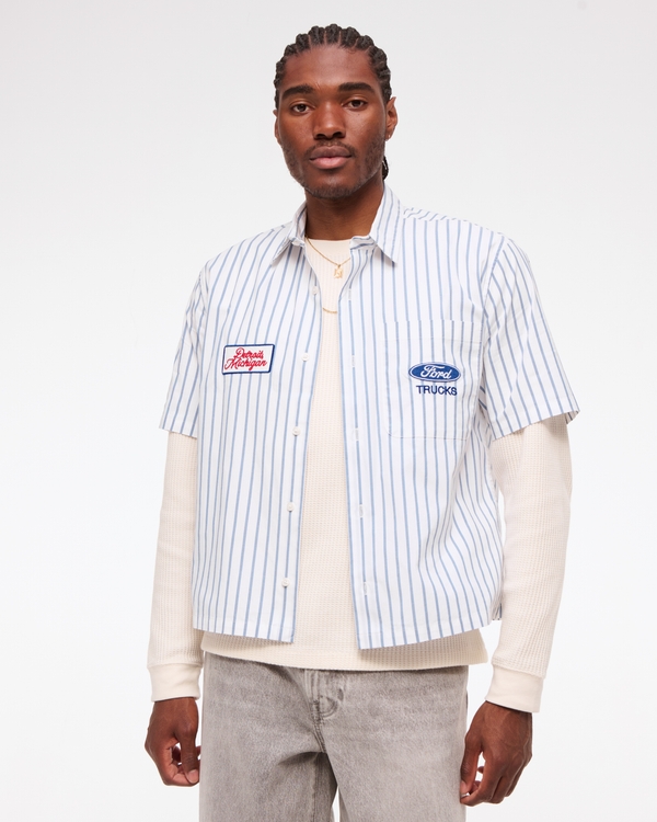 Short-Sleeve Cropped Ford Button-Up Shirt, White Stripe view 1