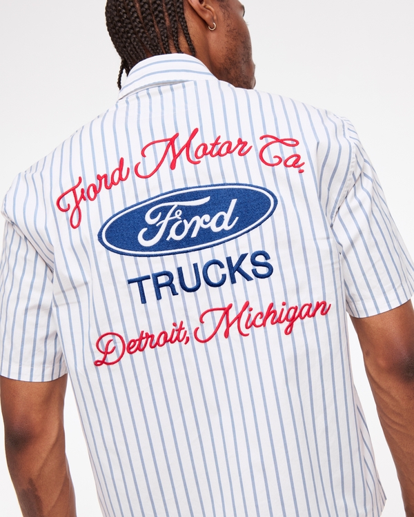 Short-Sleeve Cropped Ford Button-Up Shirt, White Stripe view 2