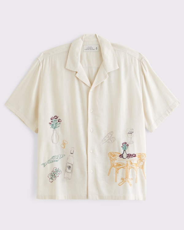 Camp Collar Summer Linen-Blend Shirt, Cream Pattern view 1