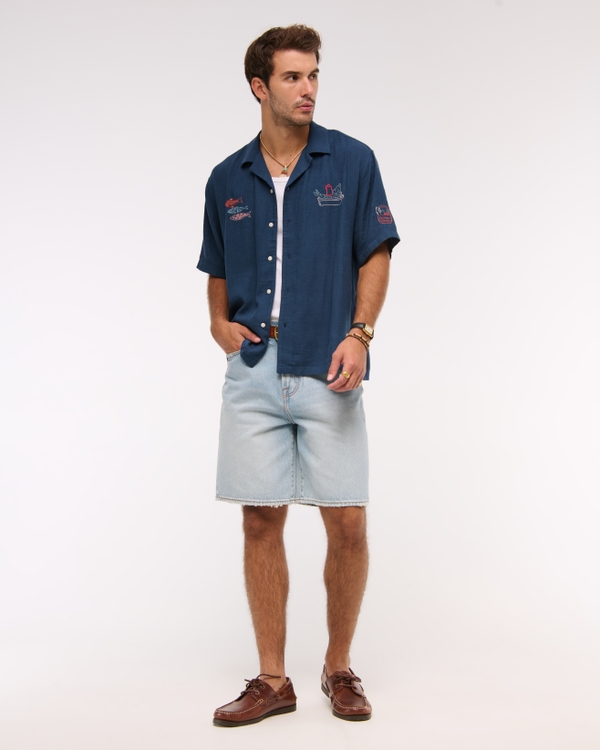 Camp Collar Cropped Summer Linen-Blend Shirt, Blue Pattern view 2