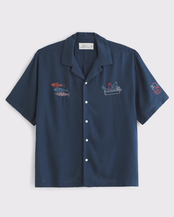 Camp Collar Summer Linen-Blend Shirt, Blue Pattern view 1