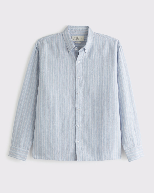 Linen Button-Up Shirt, Light Blue Stripe view 1
