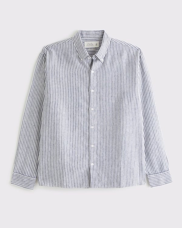 Linen Button-Up Shirt, Navy Stripe view 1
