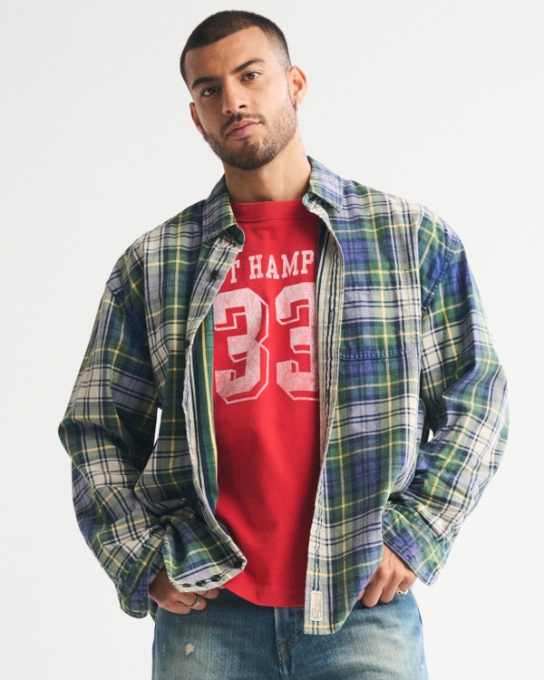 Plaid Button-Up Shirt, Blue Plaid view 1