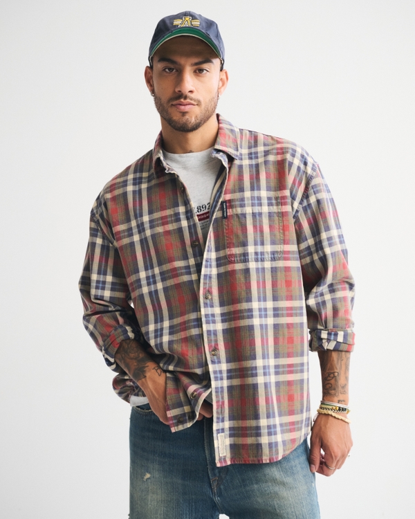 Plaid Button-Up Shirt, Red Plaid view 1