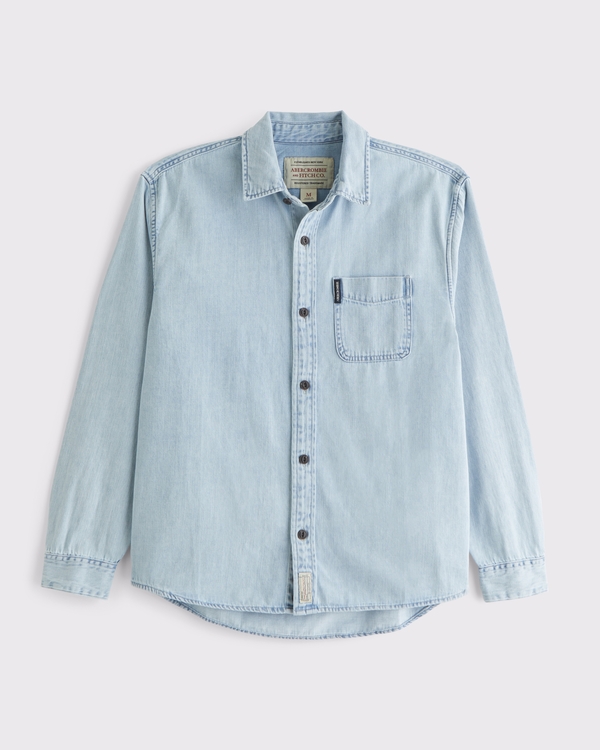 Denim Button-Up Shirt, Light Blue Wash view 1
