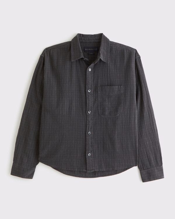 Cropped Garment-Dye Plaid Button-Up Shirt, Black view 1