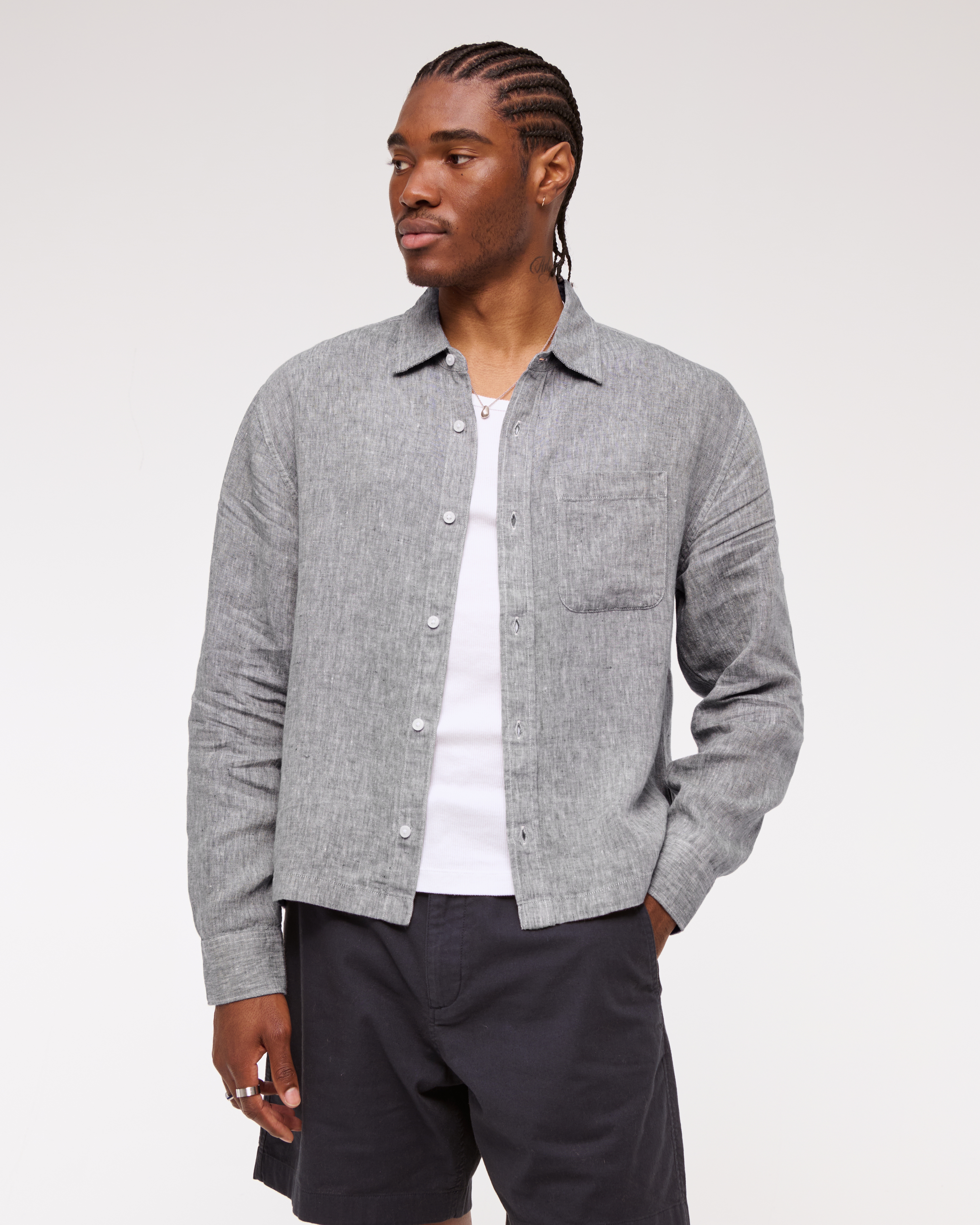 Abercrombie & Fitch Cropped Linen Button-up Shirt In Gray