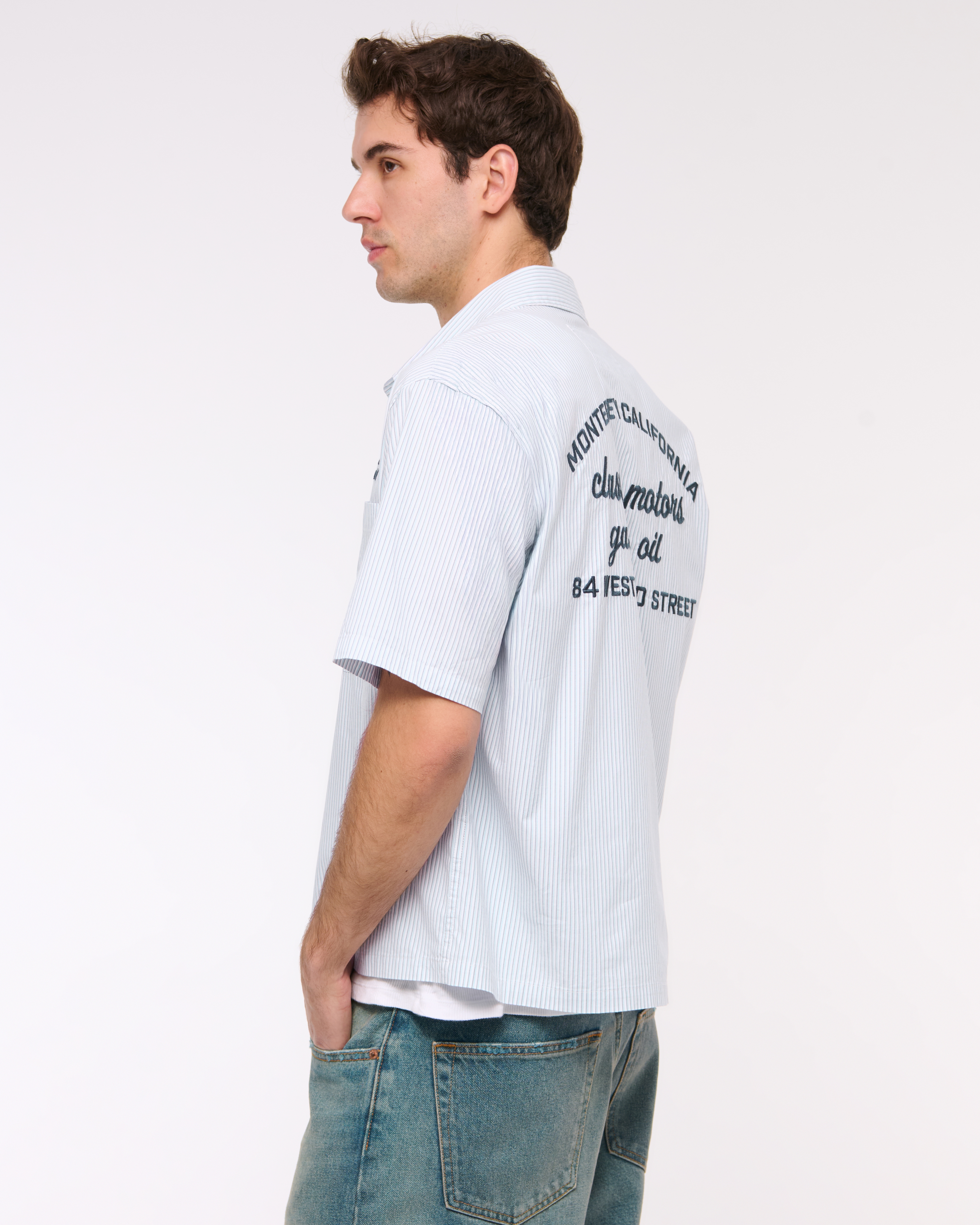 Abercrombie & Fitch★クロップワークウェアボタンアップシャツ メンズ 半袖クロップド グラフィック ワークウェア ボタンアップ