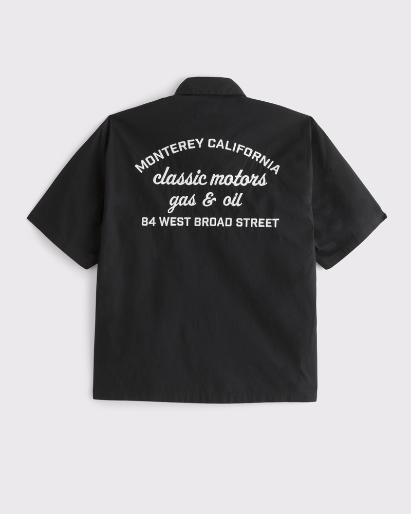 Short-Sleeve Cropped Poplin Graphic Button-Up Shirt