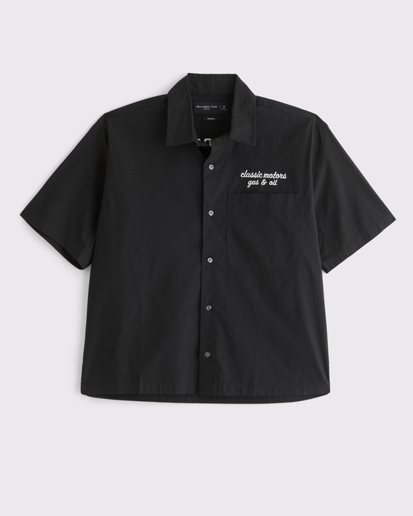 Short-Sleeve Cropped Poplin Graphic Button-Up Shirt