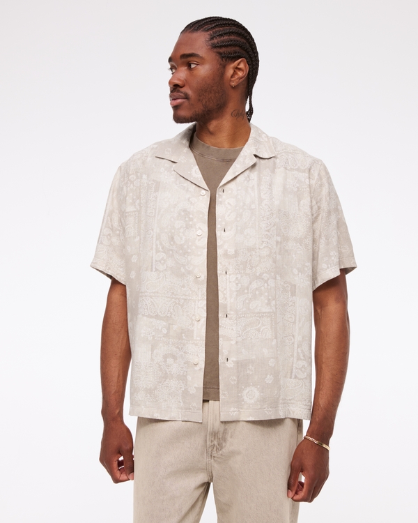 Camp Collar Summer Linen-Blend Shirt, Cloud Gray Pattern view 1