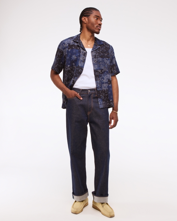 Camp Collar Summer Linen-Blend Shirt, Dark Blue Pattern view 2