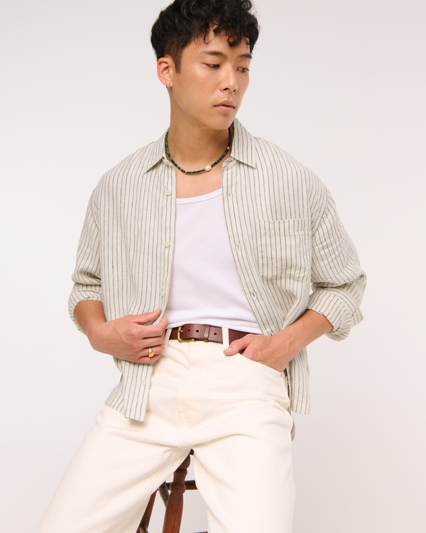 Cropped Linen Button-Up Shirt, Light Brown Stripe view 1