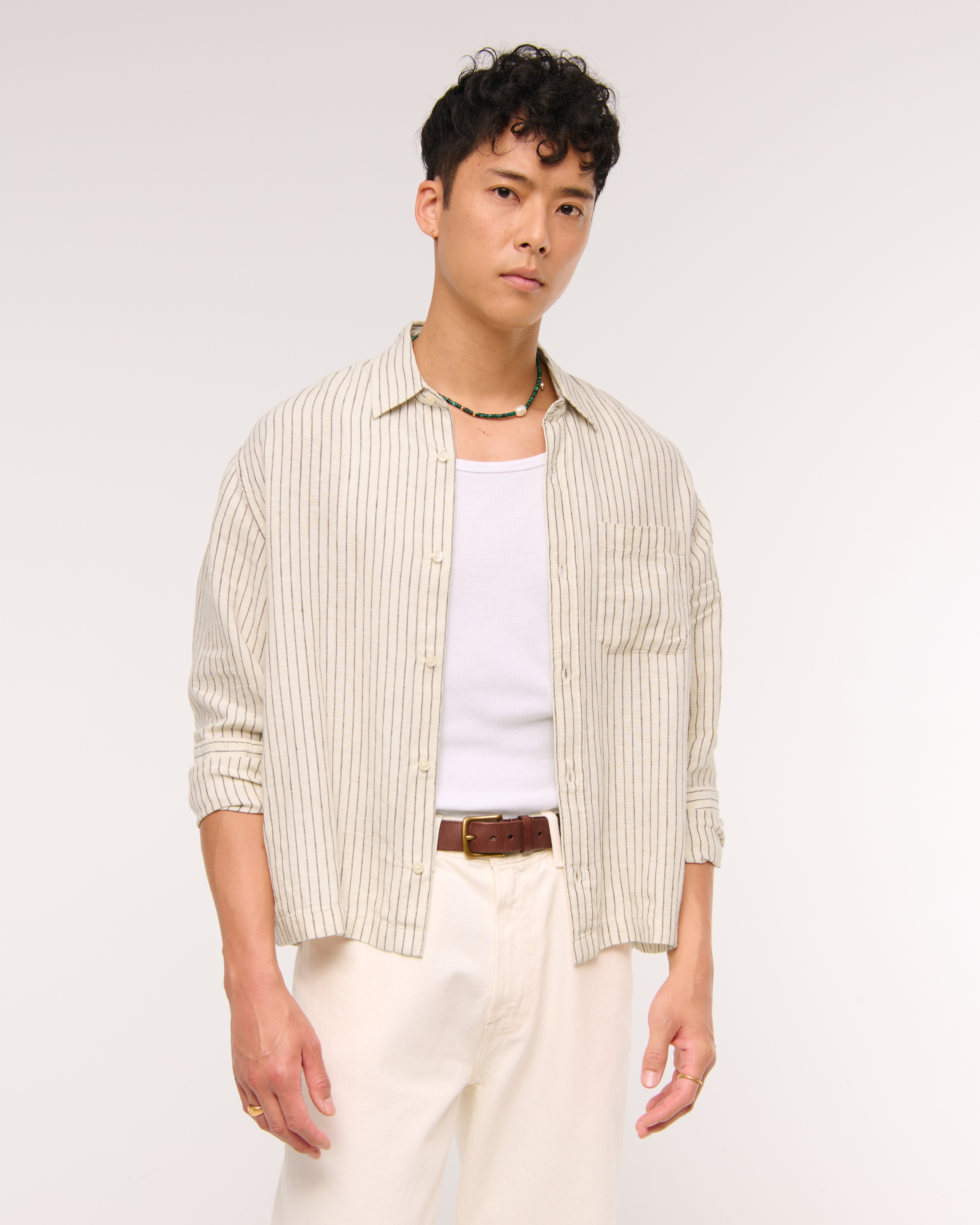 Abercrombie & Fitch Cropped Linen Button-up Shirt In Neutral