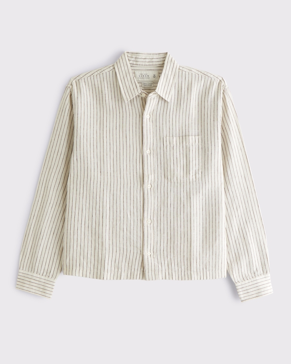 Cropped Linen Button-Up Shirt, Light Brown Stripe view 2