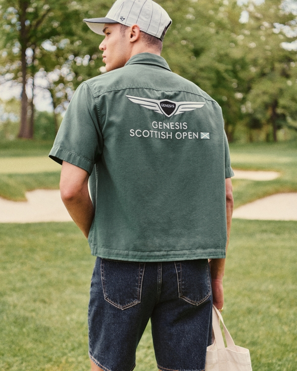 Short-Sleeve Cropped PGA Scottish Open Button-Up Shirt, Forest Teal view 1
