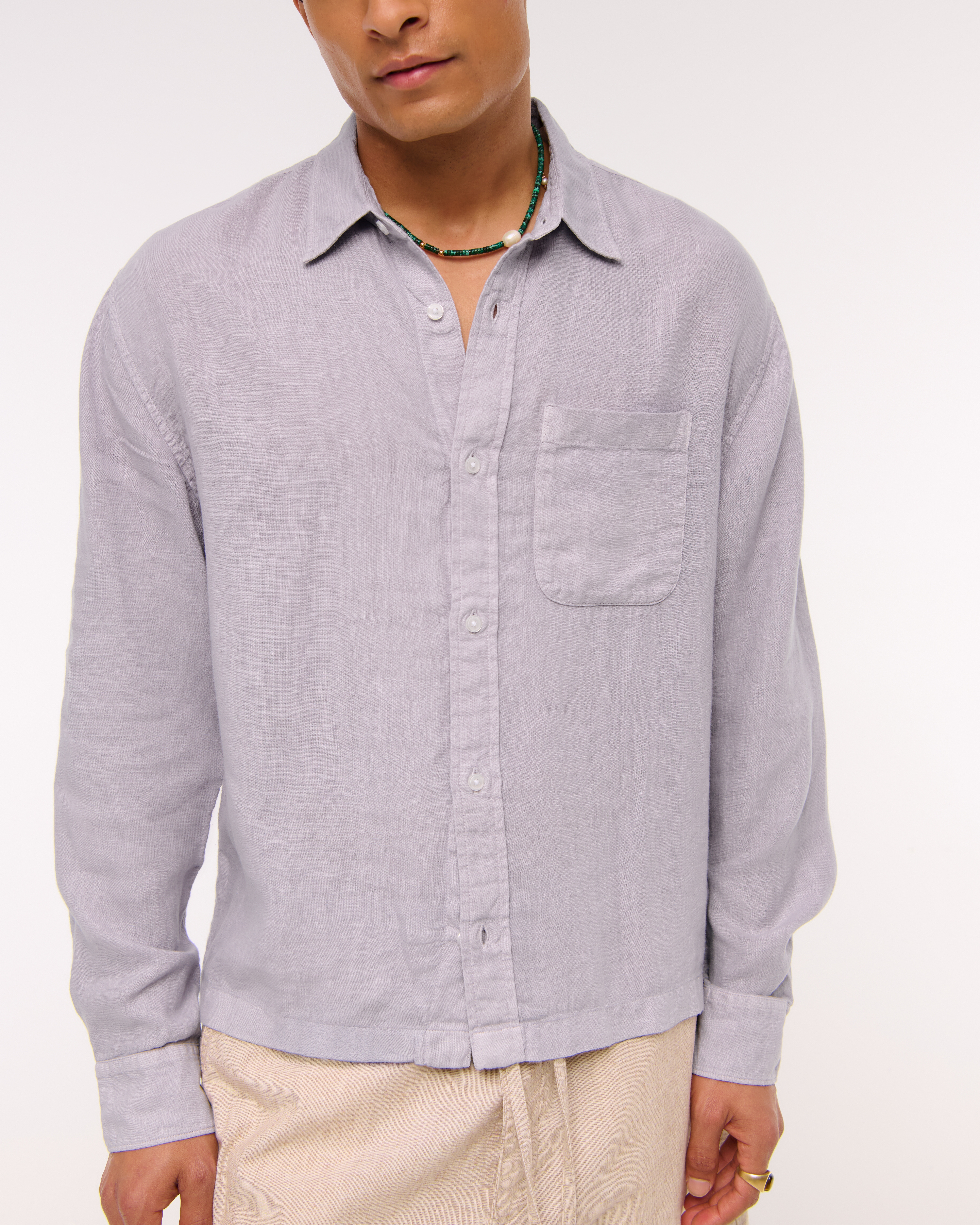 Abercrombie & Fitch Cropped Linen Button-up Shirt In Purple