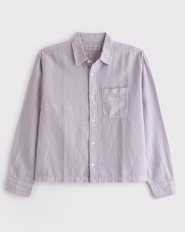 Cropped Linen Button-Up Shirt, Light Purple view 1
