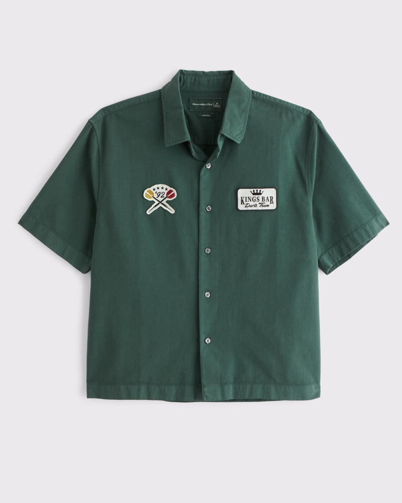 Short-Sleeve Cropped Graphic Workwear Button-Up Shirt