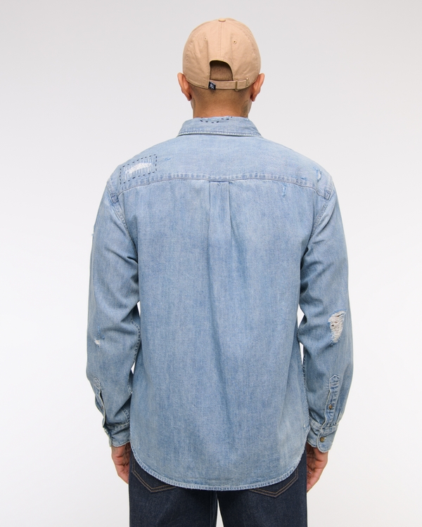 Chemise En Jean Homme à Manches Longues - Coupe Classique - Tissu Chambray Léger - Boutonnage Devant Et Poche Poitrine