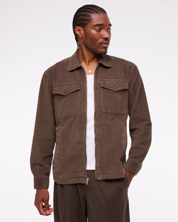 Corduroy Zip Shirt Jacket, Brown view 1