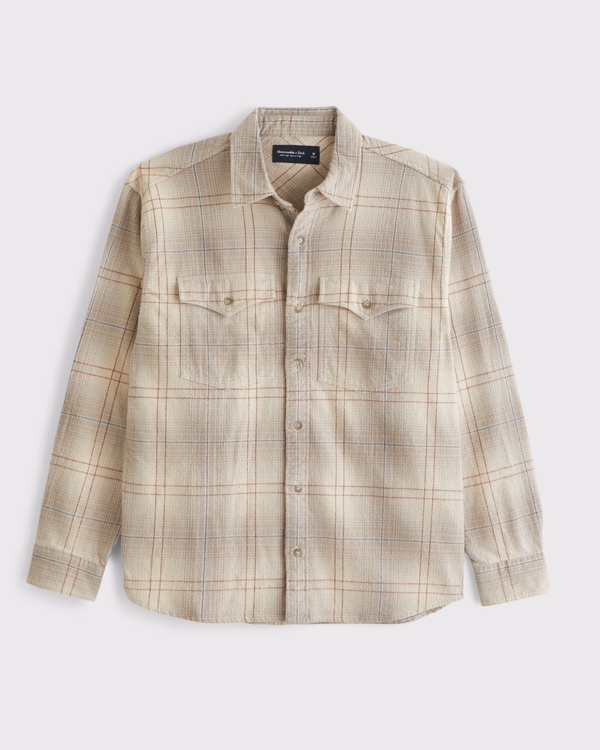 Western Relaxed Flannel, Light Brown Plaid view 1