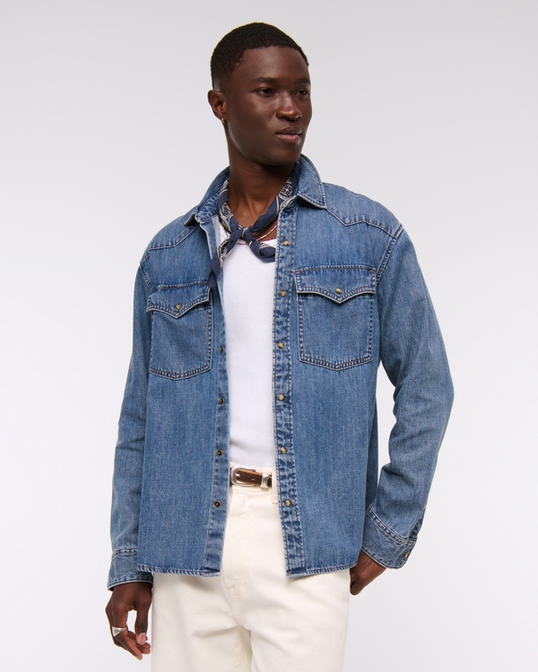 Denim Button-Up Shirt, Medium Wash view 1
