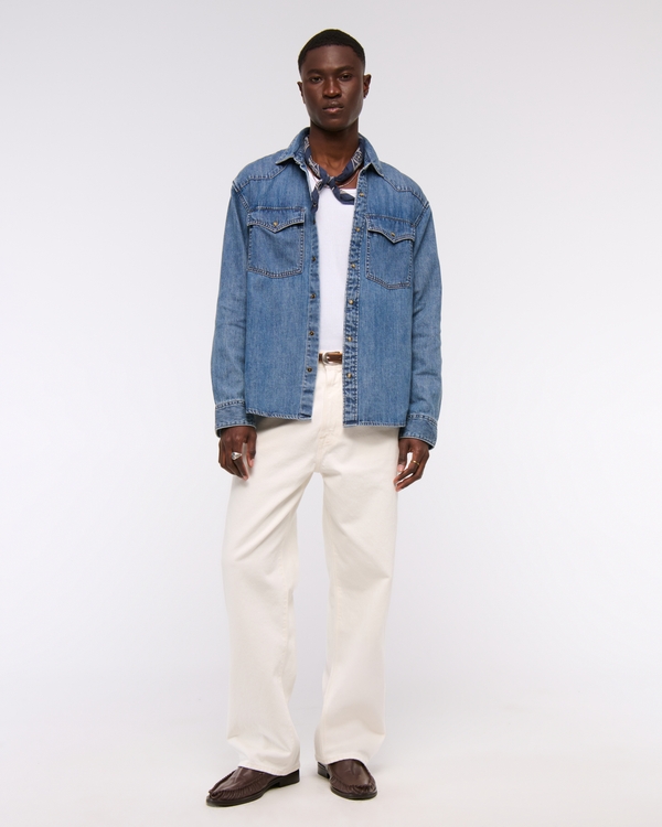 Denim Button-Up Shirt, Medium Wash view 2