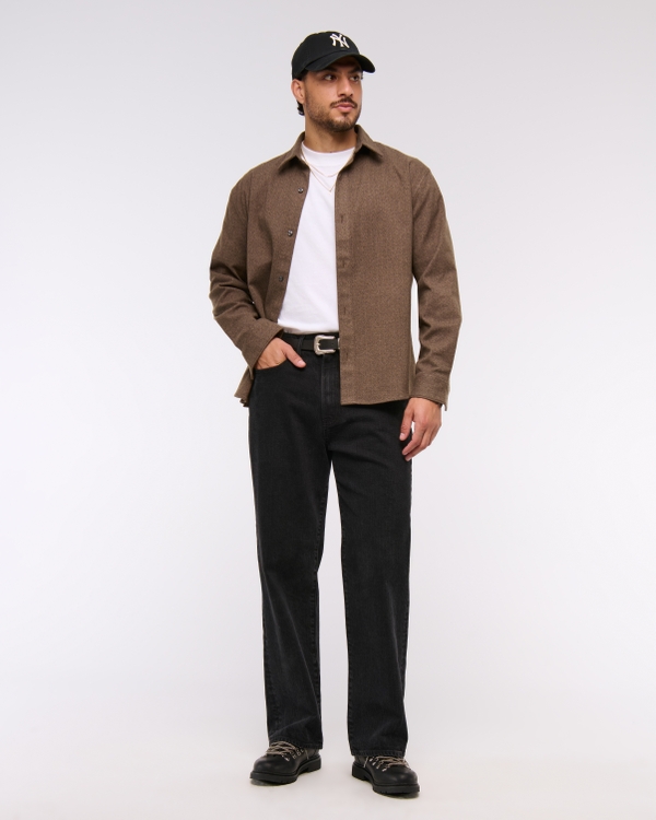 Brushed Woven Button-Up Shirt, Brown view 1