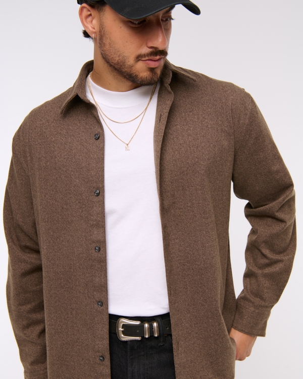 Brushed Woven Button-Up Shirt, Brown view 2
