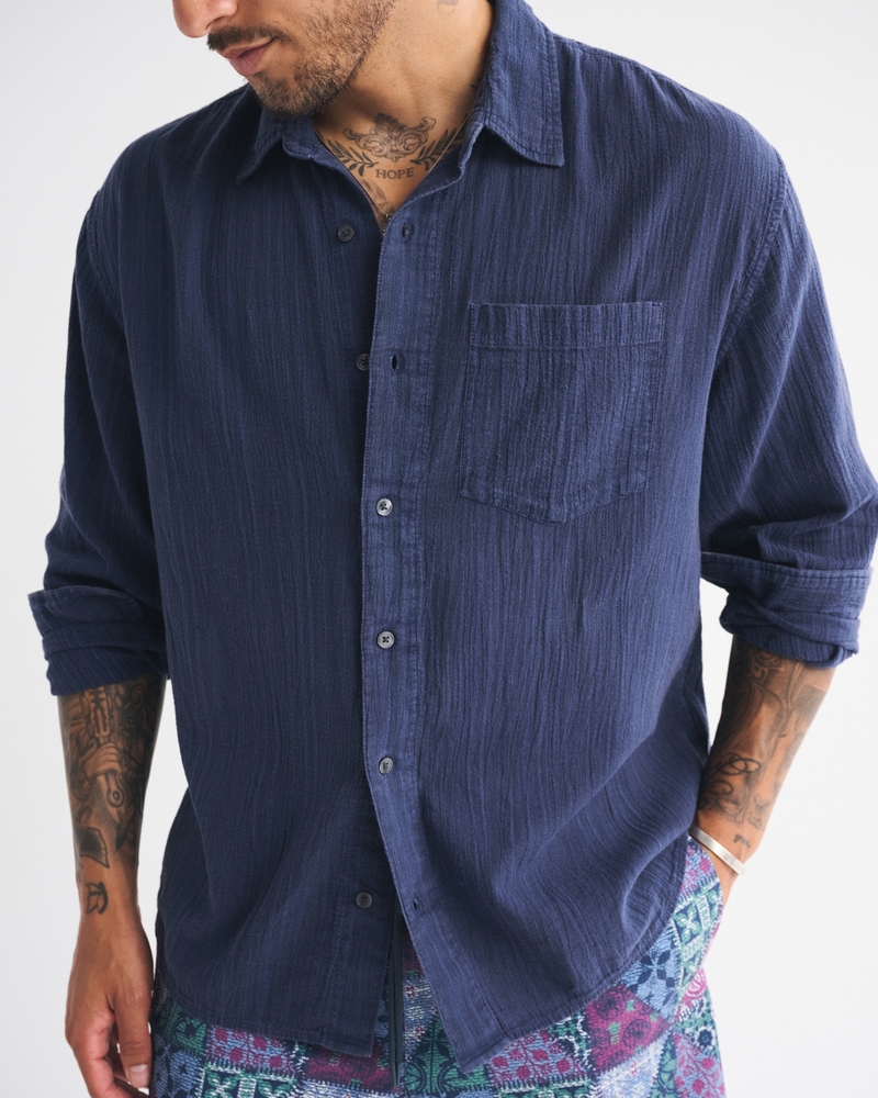 Garment-Dye Textured Button Up Shirt