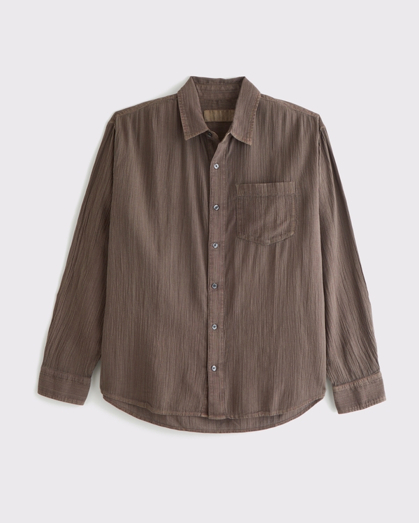 Garment-Dye Textured Button Up Shirt, Chocolate Brown view 1