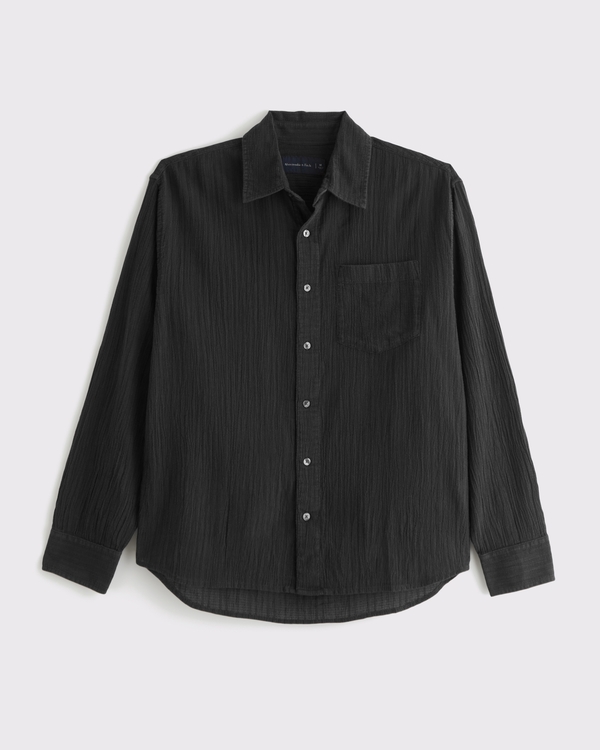 Garment-Dye Textured Button Up Shirt, Black view 1