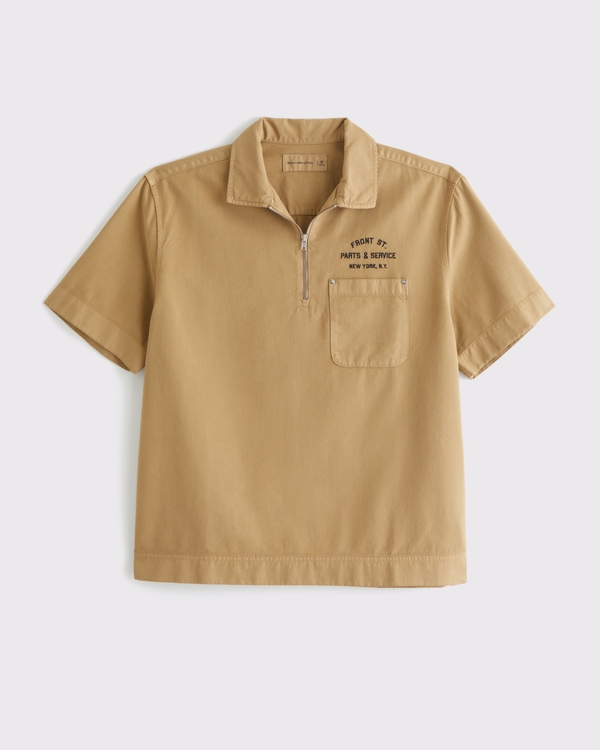Graphic Zip Popover Shirt, Khaki view 1
