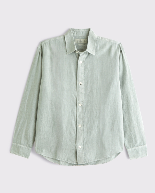Linen Button-Up Shirt, Light Green view 1