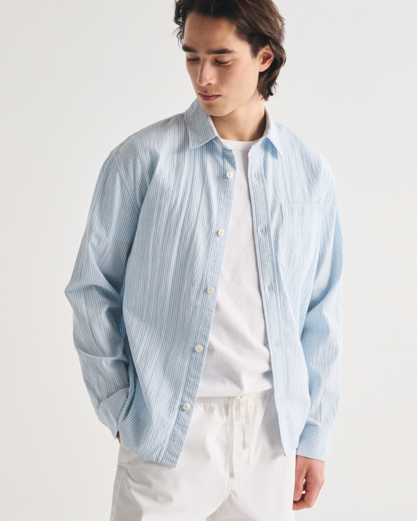 Seersucker Button-Up Shirt, Light Blue Stripe view 2