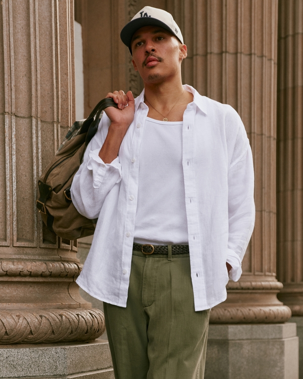 100% Linen Button-Up Shirt, White view 1