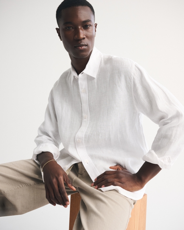 100% Linen Button-Up Shirt, White view 2