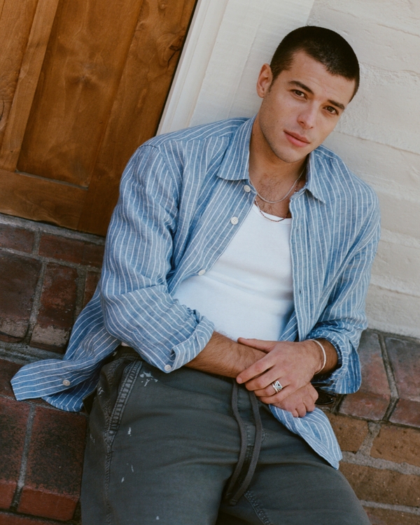 100% Linen Button-Up Shirt, Blue Stripe view 1