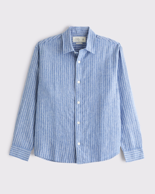 100% Linen Button-Up Shirt, Blue Stripe view 1