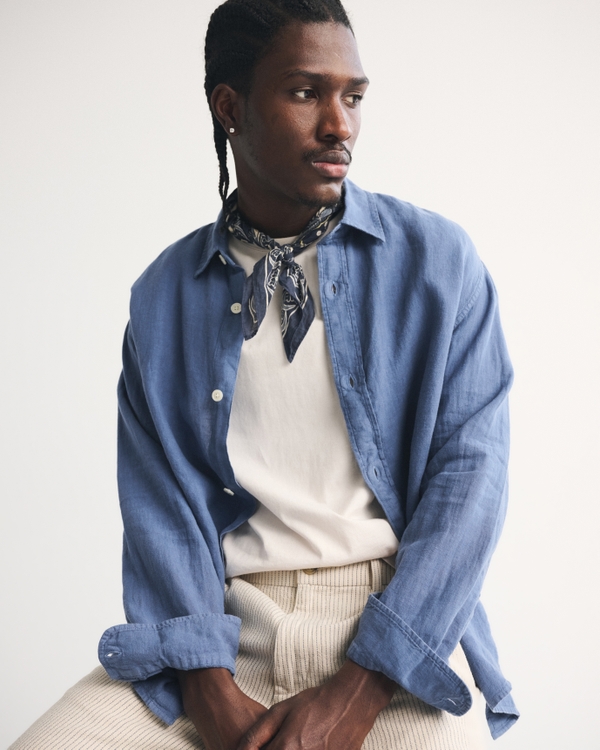 100% Linen Button-Up Shirt, Classic Navy view 2