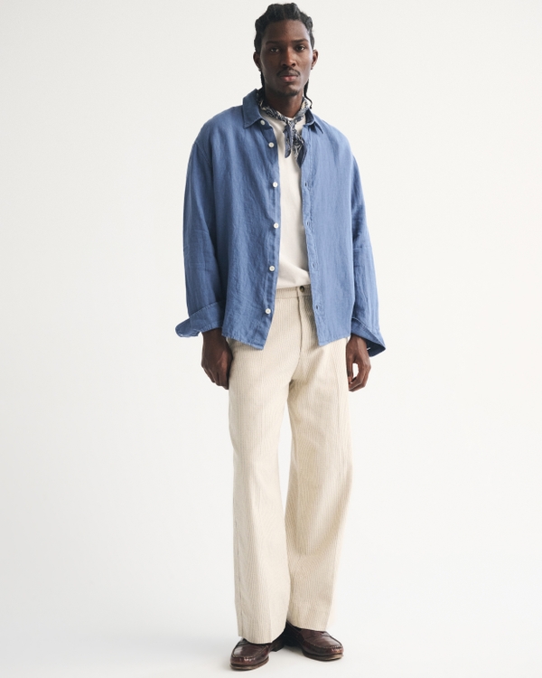 100% Linen Button-Up Shirt, Classic Navy view 2