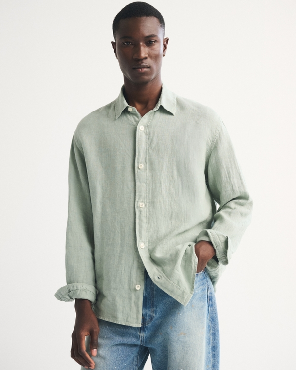 100% Linen Button-Up Shirt, Light Green view 1