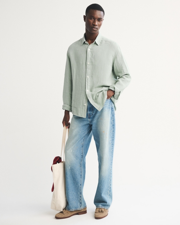 100% Linen Button-Up Shirt, Light Green view 2