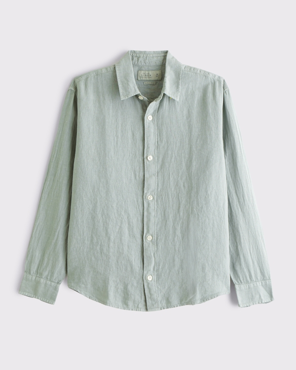 100% Linen Button-Up Shirt, Light Green view 1